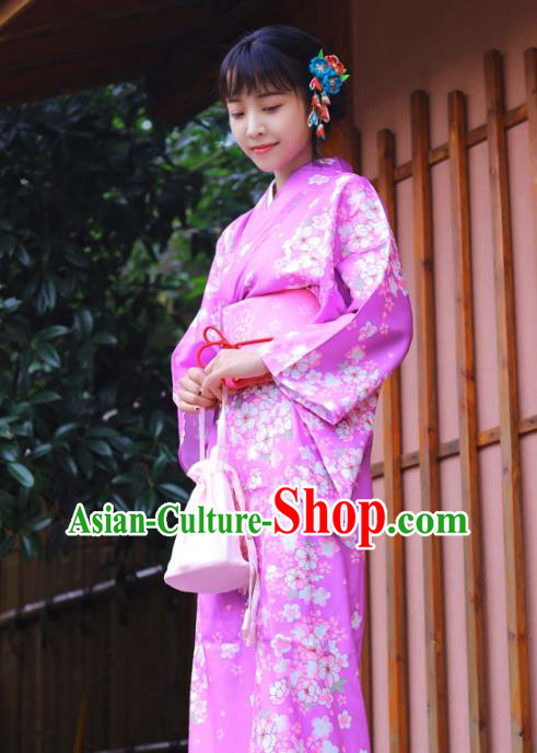 Japanese Traditional Printing Sakura Lilac Yukata Dress Asian Japan Summer Festival Kimono Costume
