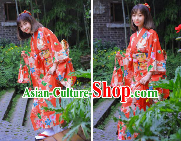 Japanese Traditional Wedding Printing Sakura Red Yukata Dress Asian Japan Bride Furisode Kimono Costume