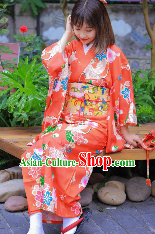 Japanese Traditional Wedding Printing Sakura Red Yukata Dress Asian Japan Bride Furisode Kimono Costume