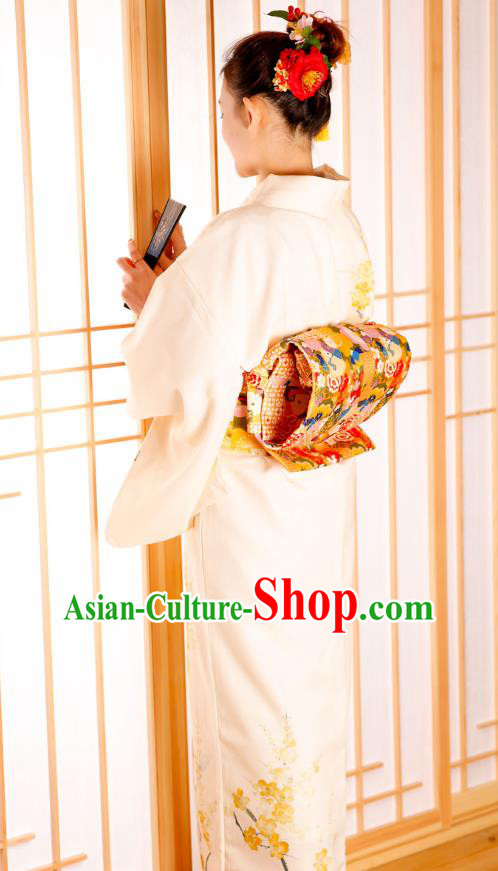 Japanese Traditional Printing Sakura Beige Yukata Dress Asian Japan Edo Komon Kimono Costume