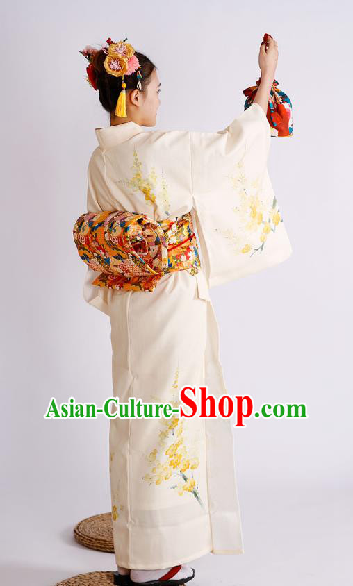 Japanese Traditional Printing Sakura Beige Yukata Dress Asian Japan Edo Komon Kimono Costume