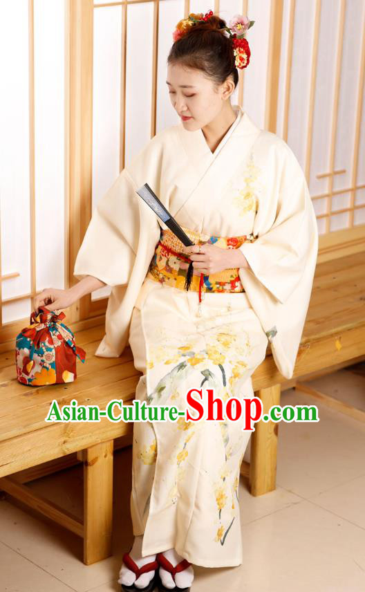 Japanese Traditional Printing Sakura Beige Yukata Dress Asian Japan Edo Komon Kimono Costume