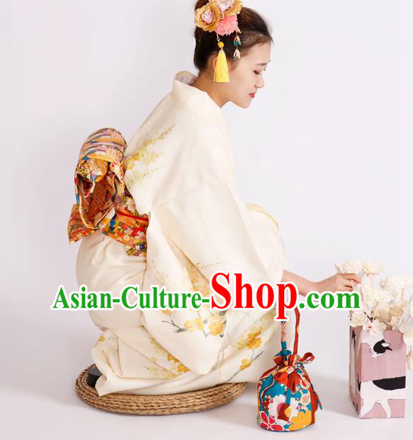 Japanese Traditional Printing Sakura Beige Yukata Dress Asian Japan Edo Komon Kimono Costume