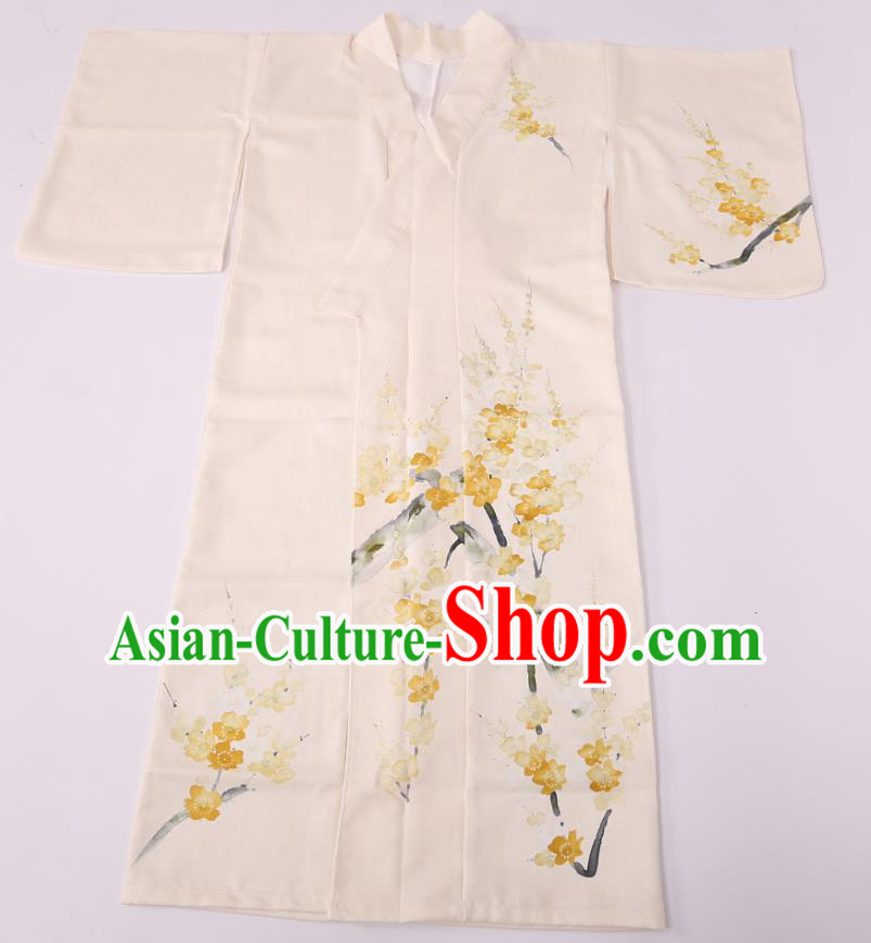 Japanese Traditional Printing Sakura Beige Yukata Dress Asian Japan Edo Komon Kimono Costume