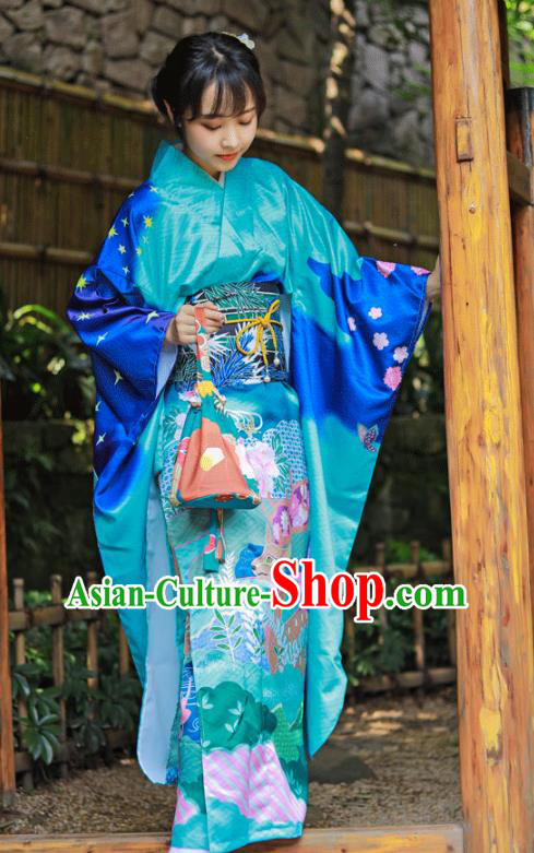 Asian Japan Wedding Bride Furisode Kimono Costume Japanese Traditional Summer Festival Blue Yukata Dress