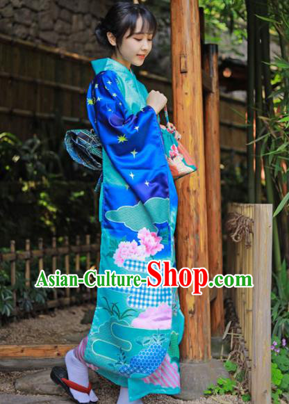 Asian Japan Wedding Bride Furisode Kimono Costume Japanese Traditional Summer Festival Blue Yukata Dress
