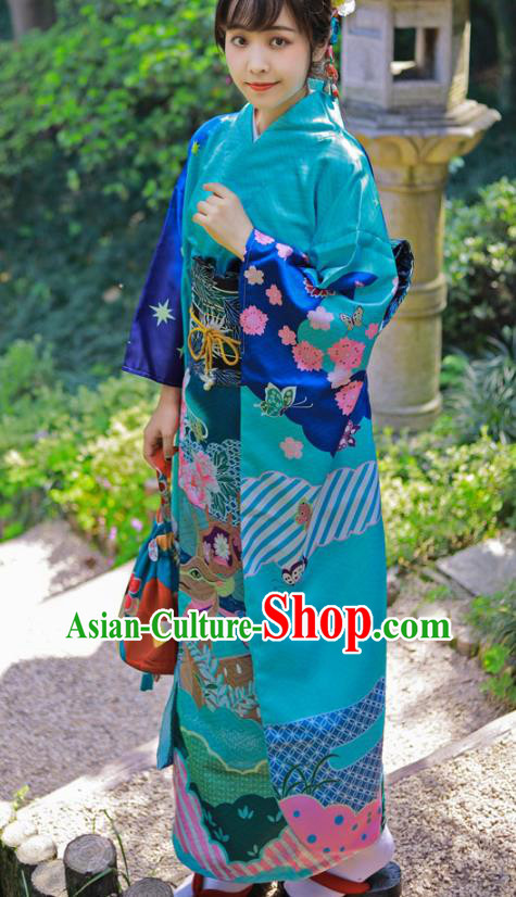 Asian Japan Wedding Bride Furisode Kimono Costume Japanese Traditional Summer Festival Blue Yukata Dress
