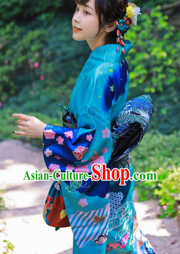 Asian Japan Wedding Bride Furisode Kimono Costume Japanese Traditional Summer Festival Blue Yukata Dress