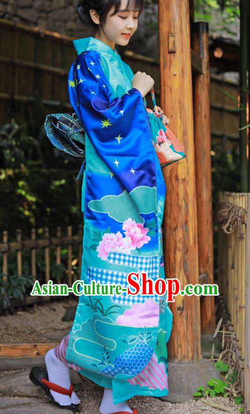 Asian Japan Wedding Bride Furisode Kimono Costume Japanese Traditional Summer Festival Blue Yukata Dress