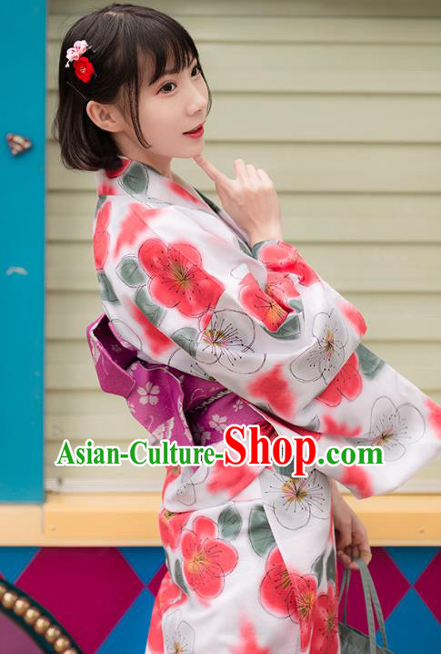 Asian Japan Printing Plum Blossom Kimono Costume Japanese Traditional Hanabi Taikai Yukata Dress