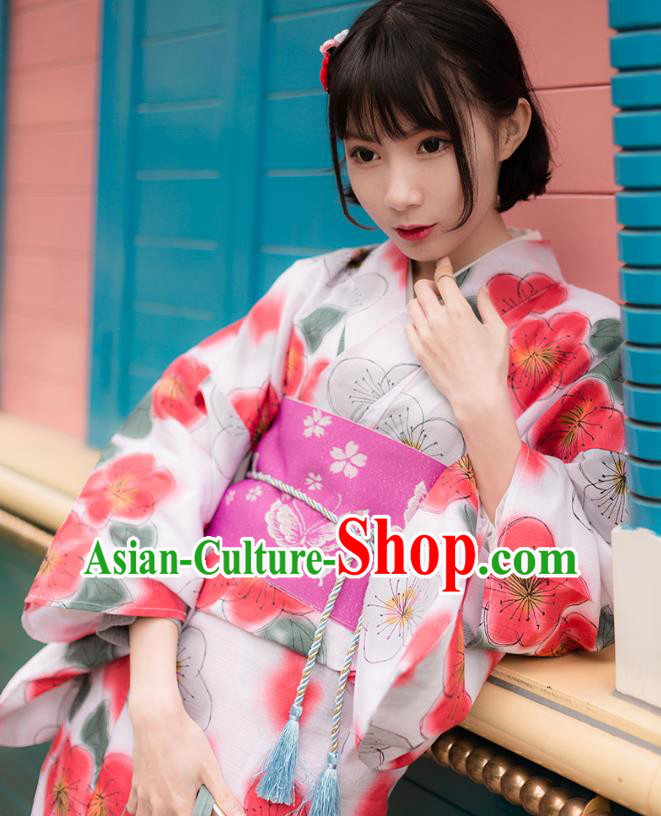 Asian Japan Printing Plum Blossom Kimono Costume Japanese Traditional Hanabi Taikai Yukata Dress