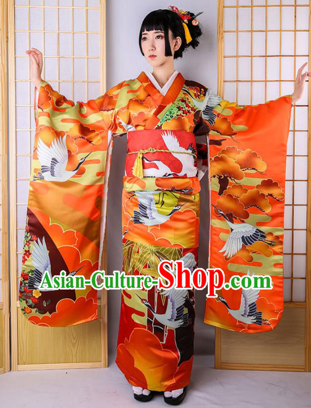 Asian Japan Court Bride Furisode Kimono Costume Japanese Traditional Wedding Printing Crane Red Satin Yukata Dress Apparels