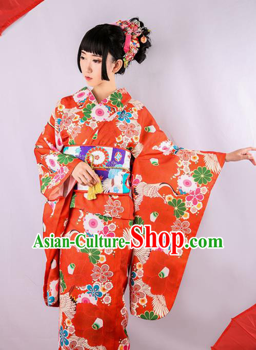 Japanese Traditional Printing Camellia Yukata Dress Asian Japan Wedding Bride Red Furisode Kimono Costume