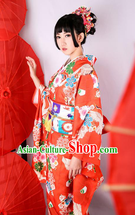 Japanese Traditional Printing Camellia Yukata Dress Asian Japan Wedding Bride Red Furisode Kimono Costume