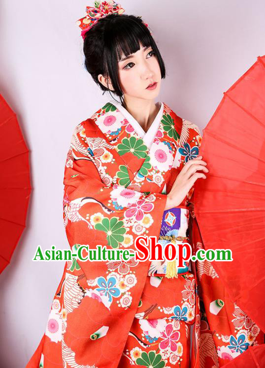 Japanese Traditional Printing Camellia Yukata Dress Asian Japan Wedding Bride Red Furisode Kimono Costume