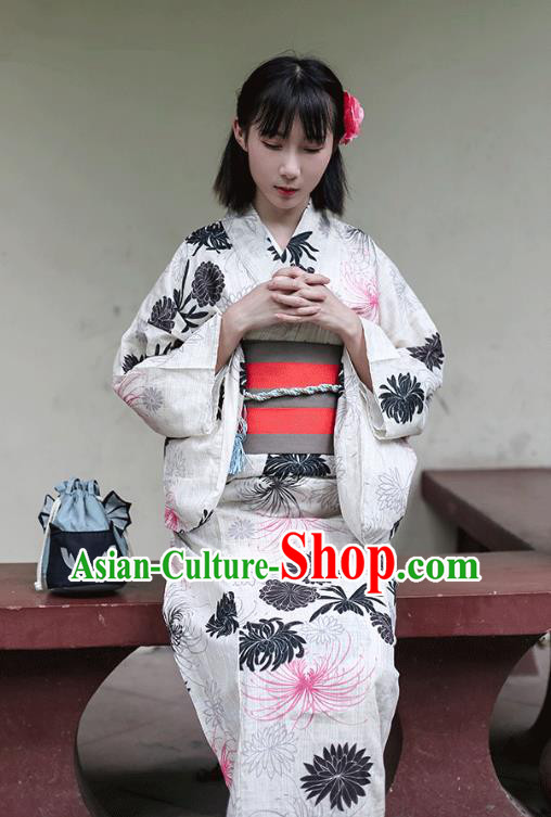 Japanese Traditional Ink Painting Chrysanthemum Yukata Dress Asian Japan Hanabi Taikai Kimono Costume