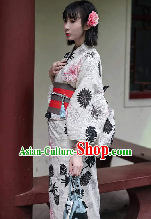 Japanese Traditional Ink Painting Chrysanthemum Yukata Dress Asian Japan Hanabi Taikai Kimono Costume