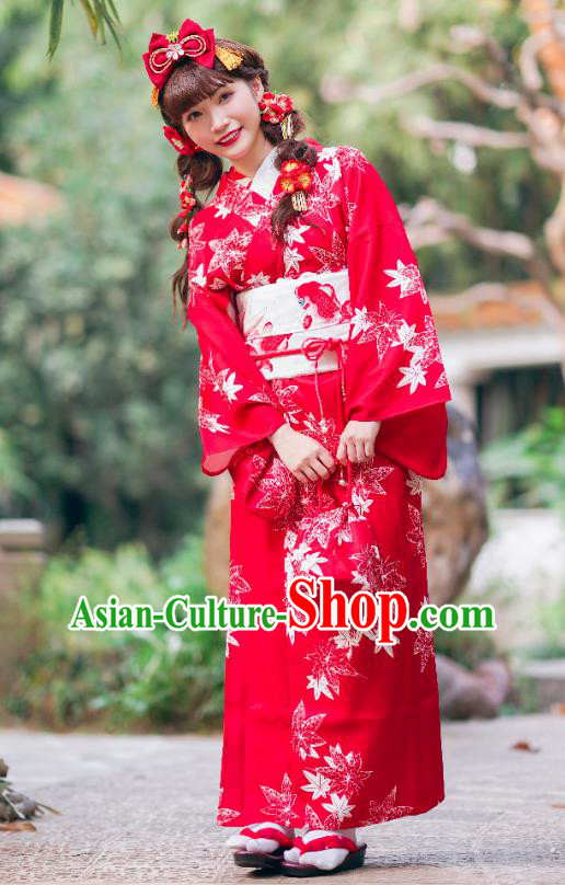 Asian Japan Young Lady Printing Maple Leaf Red Homongi Kimono Japanese Traditional Costumes
