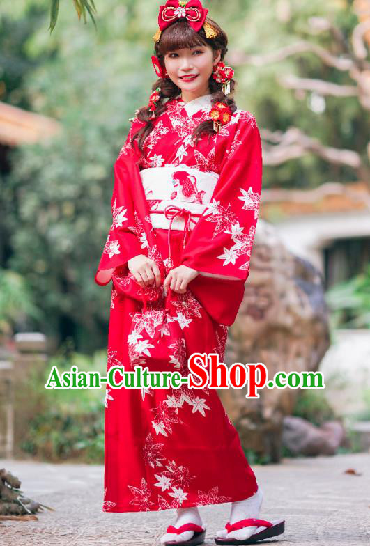 Asian Japan Young Lady Printing Maple Leaf Red Homongi Kimono Japanese Traditional Costumes