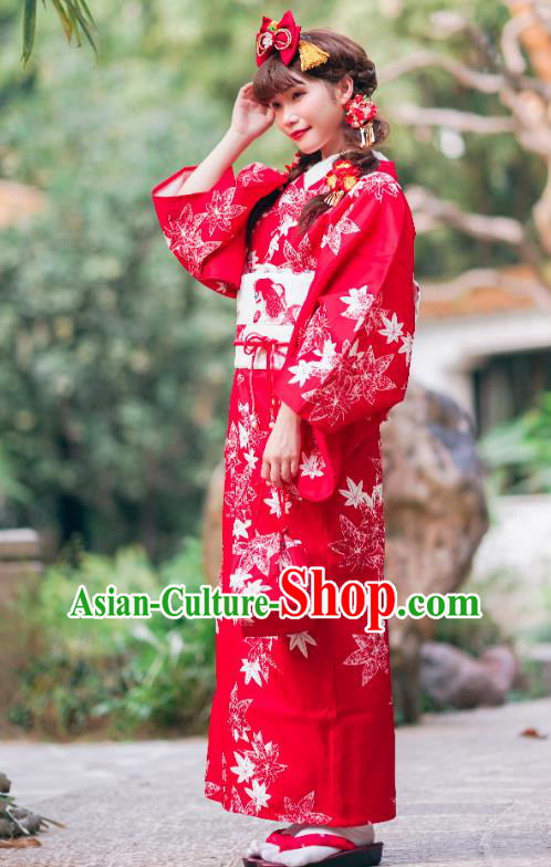 Asian Japan Young Lady Printing Maple Leaf Red Homongi Kimono Japanese Traditional Costumes