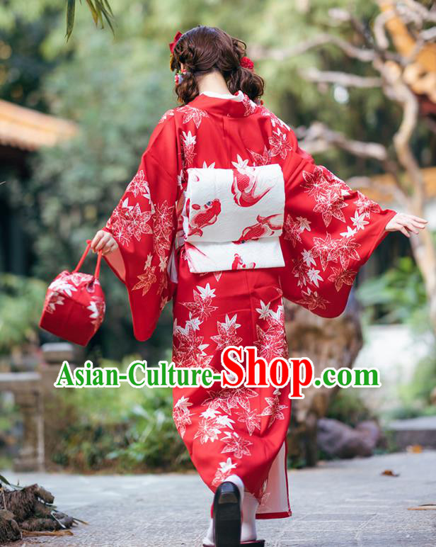 Asian Japan Young Lady Printing Maple Leaf Red Homongi Kimono Japanese Traditional Costumes