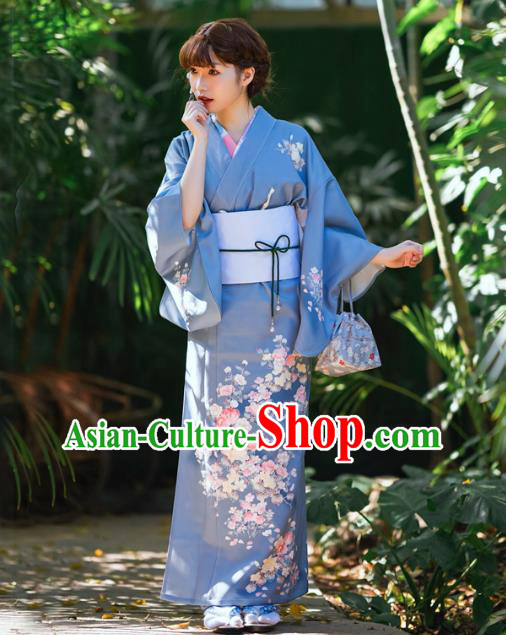 Asian Japan Printing Flowers Blue Yukata Kimono Japanese Traditional Young Woman Costumes