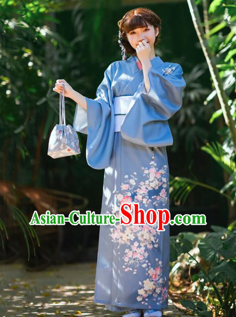 Asian Japan Printing Flowers Blue Yukata Kimono Japanese Traditional Young Woman Costumes