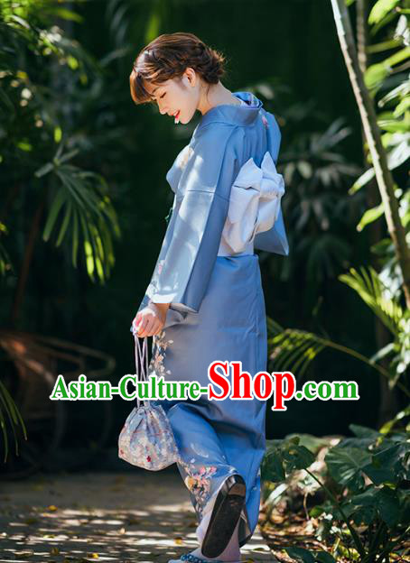 Asian Japan Printing Flowers Blue Yukata Kimono Japanese Traditional Young Woman Costumes