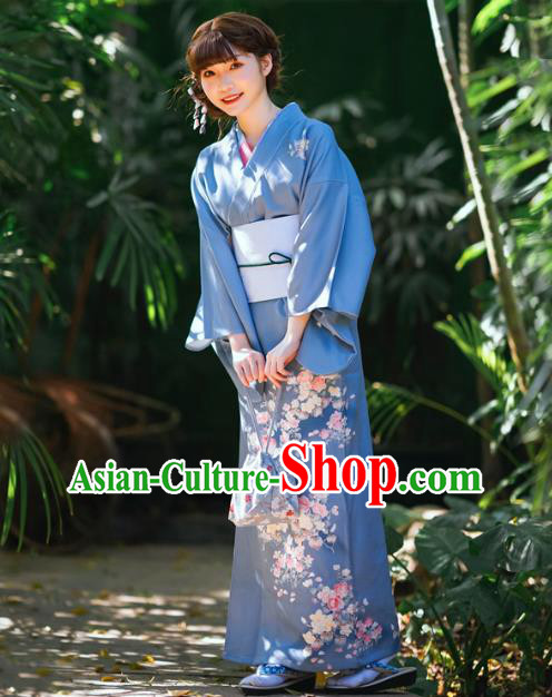 Asian Japan Printing Flowers Blue Yukata Kimono Japanese Traditional Young Woman Costumes