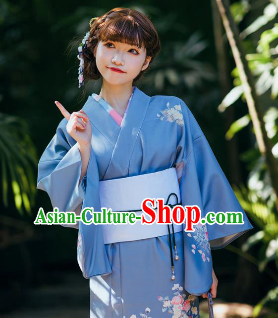 Asian Japan Printing Flowers Blue Yukata Kimono Japanese Traditional Young Woman Costumes