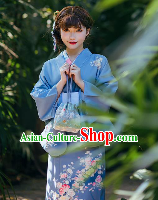 Asian Japan Printing Flowers Blue Yukata Kimono Japanese Traditional Young Woman Costumes