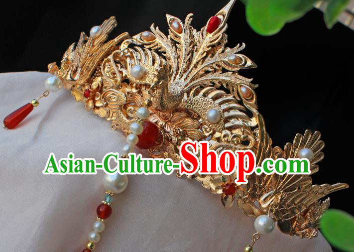 China Ancient Court Queen Hair Jewelry Traditional Ming Dynasty Empress Golden Phoenix Hair Crown