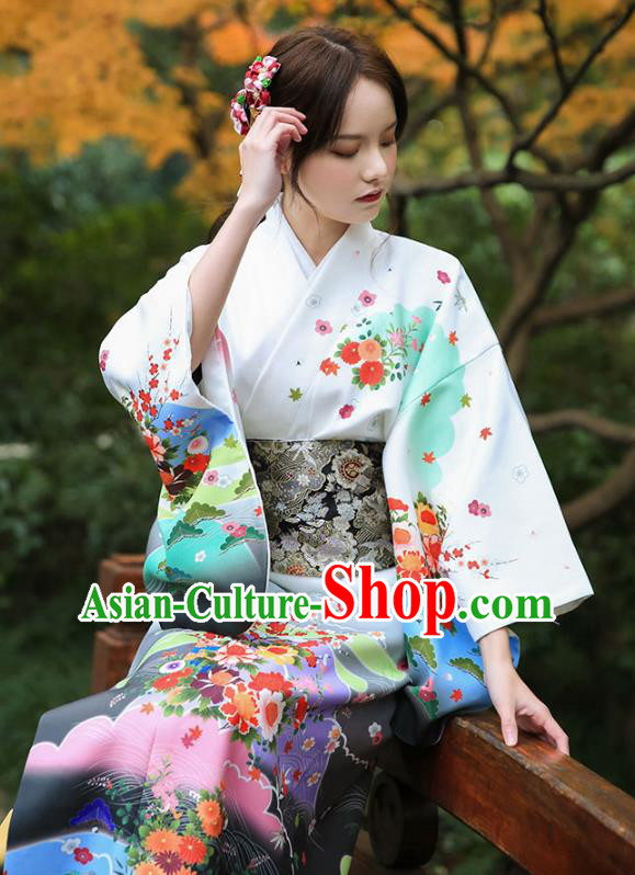 Asian Japan Printing Chrysanthemum Homongi Kimono Japanese Traditional Yukata Dress Costume