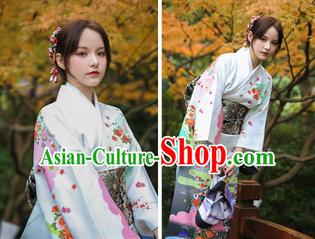 Asian Japan Printing Chrysanthemum Homongi Kimono Japanese Traditional Yukata Dress Costume