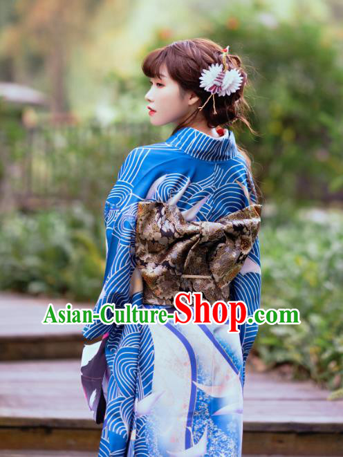 Japanese Traditional Blue Yukata Dress Costume Asian Japan Printing Wave Crane Furisode Kimono
