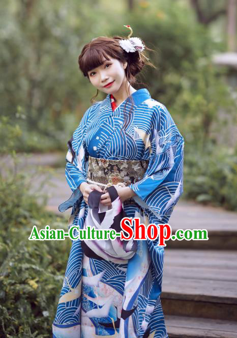Japanese Traditional Blue Yukata Dress Costume Asian Japan Printing Wave Crane Furisode Kimono