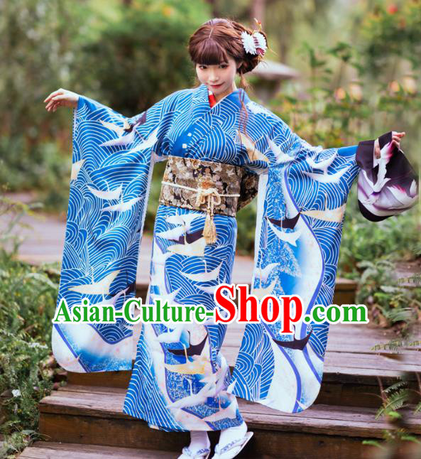Japanese Traditional Blue Yukata Dress Costume Asian Japan Printing Wave Crane Furisode Kimono