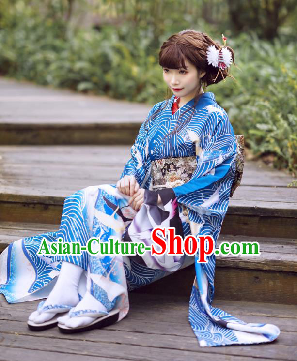 Japanese Traditional Blue Yukata Dress Costume Asian Japan Printing Wave Crane Furisode Kimono