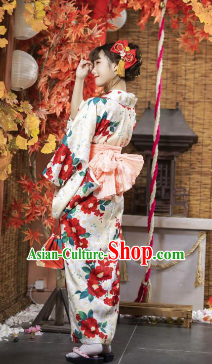 Japanese Traditional Yukata Costumes Asian Japan Printing Red Camellia Kimono Dress