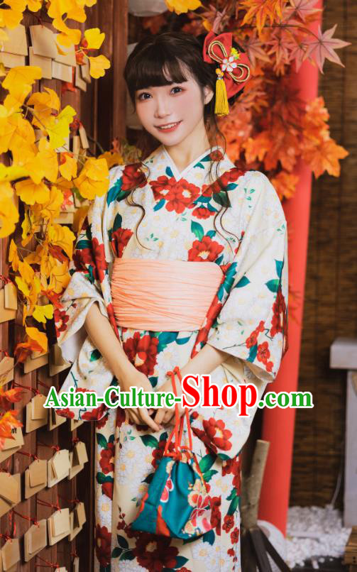 Japanese Traditional Yukata Costumes Asian Japan Printing Red Camellia Kimono Dress
