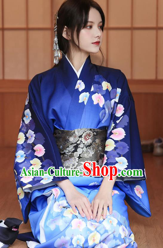 Japanese Traditional Young Woman Yukata Costume Asian Japan Printing Royalblue Kimono Dress