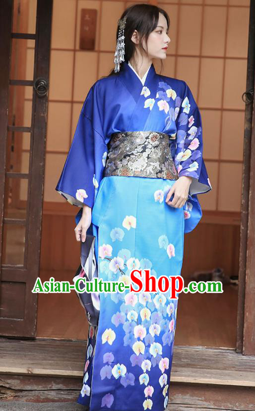 Japanese Traditional Young Woman Yukata Costume Asian Japan Printing Royalblue Kimono Dress