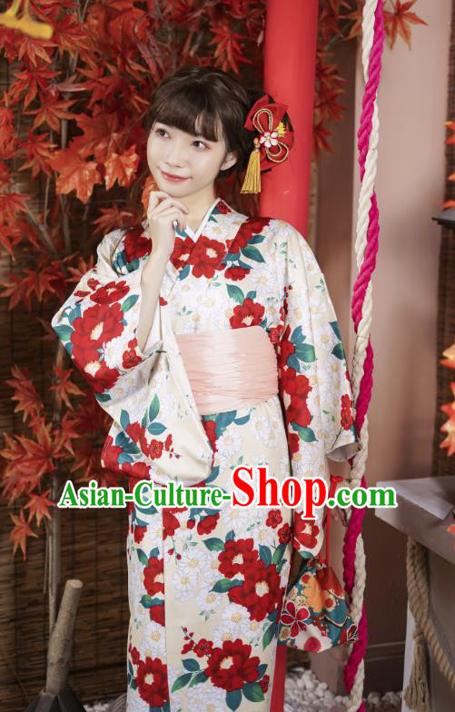 Japanese Traditional Yukata Costumes Asian Japan Printing Red Camellia Kimono Dress
