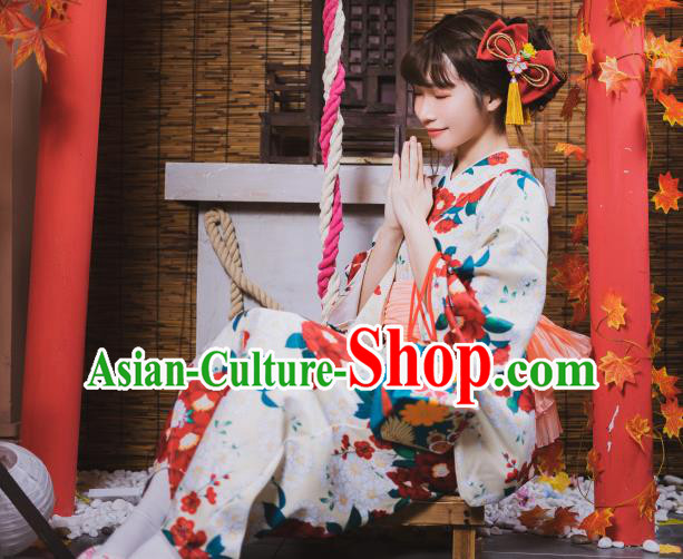 Japanese Traditional Yukata Costumes Asian Japan Printing Red Camellia Kimono Dress