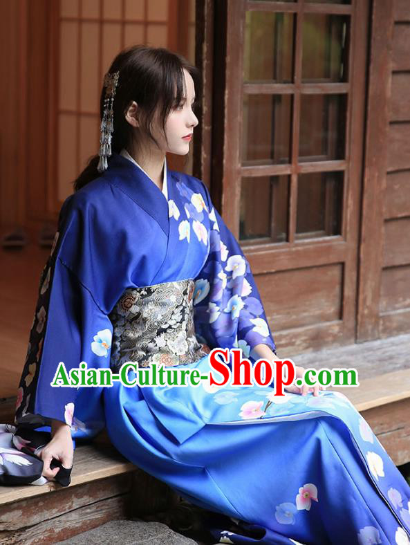 Japanese Traditional Young Woman Yukata Costume Asian Japan Printing Royalblue Kimono Dress