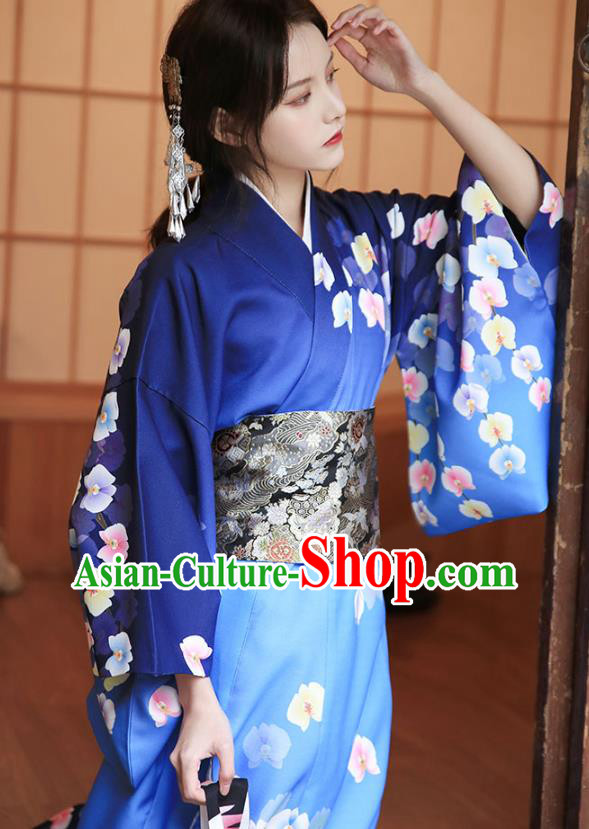 Japanese Traditional Young Woman Yukata Costume Asian Japan Printing Royalblue Kimono Dress