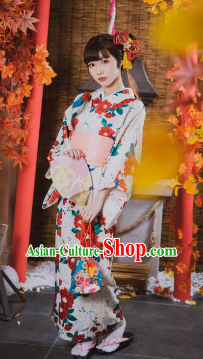 Japanese Traditional Yukata Costumes Asian Japan Printing Red Camellia Kimono Dress