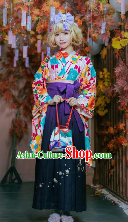 Japanese Traditional Young Lady Costumes Asian Japan Cosplay Kimono Printing Blouse and Hakama Pants