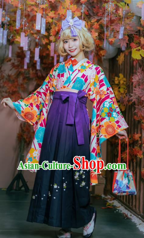 Japanese Traditional Young Lady Costumes Asian Japan Cosplay Kimono Printing Blouse and Hakama Pants