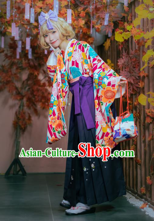 Japanese Traditional Young Lady Costumes Asian Japan Cosplay Kimono Printing Blouse and Hakama Pants